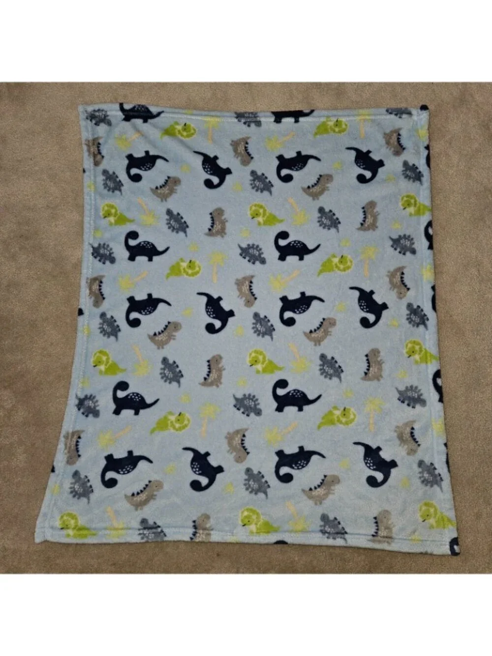 Parent's Choice Blue Dinosaur Fleece Baby Blanket Gray Green Trees 30x36 SOFT